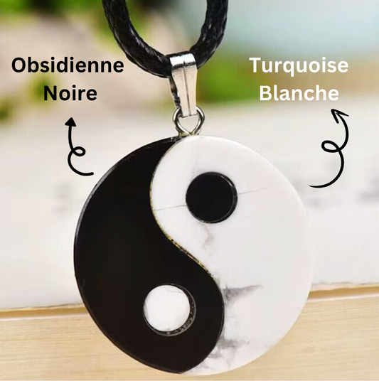 Pendentif Yin Yang en Obsidienne Noire et Turquoise Blanche